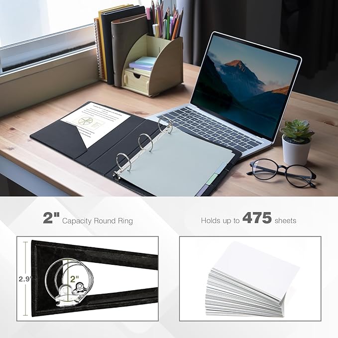 Ospelelf Vintage Hardcover 3 Ring 2 inch Leather Binder, Professional Binders Organizer Suitable for Letter Size Documents, Binder Dividers with Tabs, Black