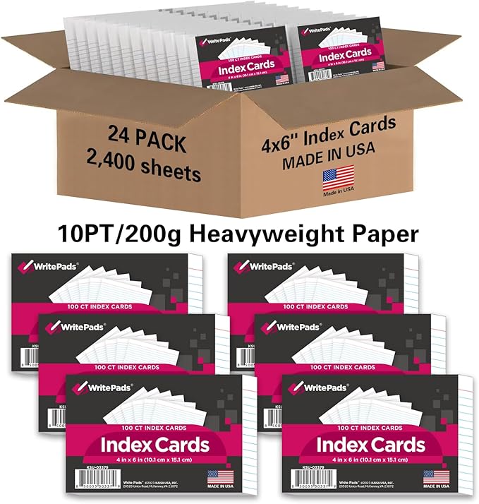 KAISA Lined Index Card 4"x6" Index Cards Flashcards, 2400 Count Index Cards, White 24 pack of 100 Shrink Cards,Heavy Weight Paper Made in the USA(KSU-03379)