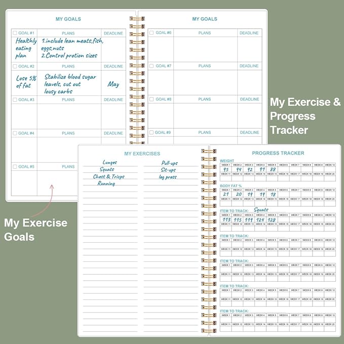 Fitness Journal for Women & Men - A5 Workout Journal/Planner Daily Exercise Log Book to Weight Loss, Gym, Muscle Gain, Bodybuilding Progress - Daily Personal Health & Wellness Tracker, Spiral-Bound, 5.8" x 8.3", Green