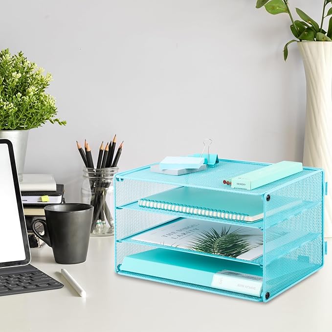 EASEPRES Paper Organizer Tray, 3 Tier Mesh Desk File Organizer Letter Sorter Holder for Home Office, Blue