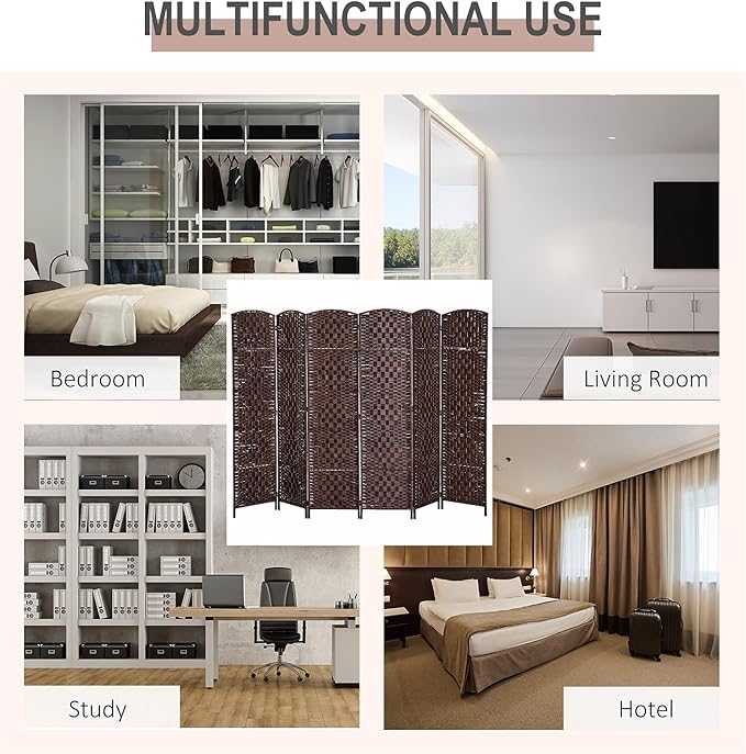 HOMCOM Room Divider, 6 Panel Folding Privacy Screen, 6FT Tall Portable Wicker Weave Partition Wall Divider for Bedroom, Home Office, Brown