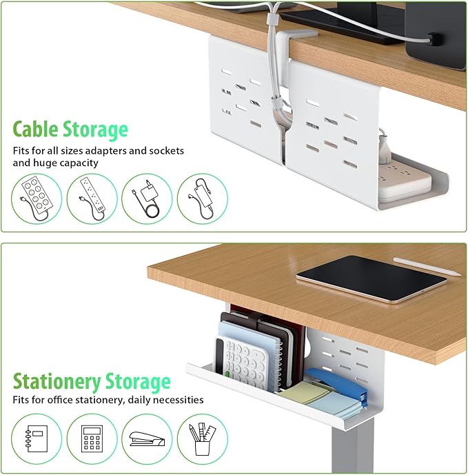 KEEGH 16" Under Desk Cable Management Tray, 2 Pack Desk Cord Organizer Upgrade Capacity, Drill Free Clamp/Screw Mount, Sturdy Metal Tray for Connect Cables, Home, Office, White