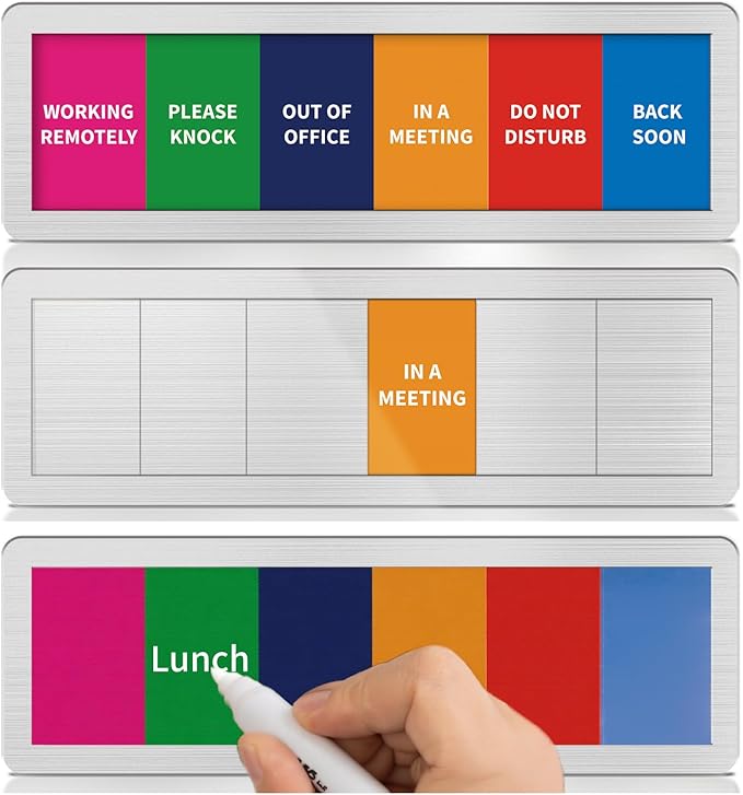 Office Door Signs with 6 Printed Status Options – Do Not Disturb, Out of Office, In a Meeting, Please Knock, Work from Home, Back Soon – Includes Custom Personalized Blank Sticker for Privacy Workspace or Studio Available and Away