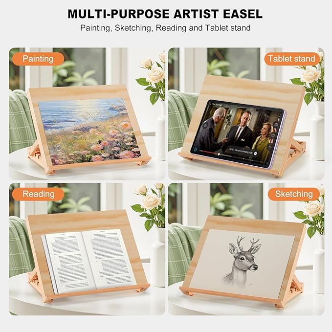 Tabletop Easel for Painting, 13.8"x11.4" Adjustable Portable Art Easel Includes Art Painting Papers, Sketch Papers and Masking Tape, Pinewood Drawing Board for Canvas, Books and Artwork