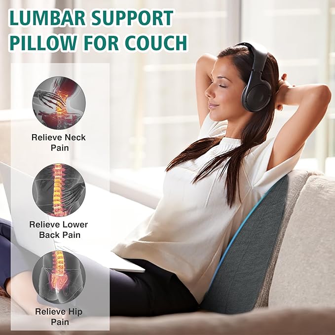TANYOO Back Support Pillow for Recliner Soft Dual Layer Lumbar Support Pillow with Memory Foam Shreds Ergonomic Orthopedic Couch Back Cushions for Elderly Lower Back Pain Relief Dark Grey