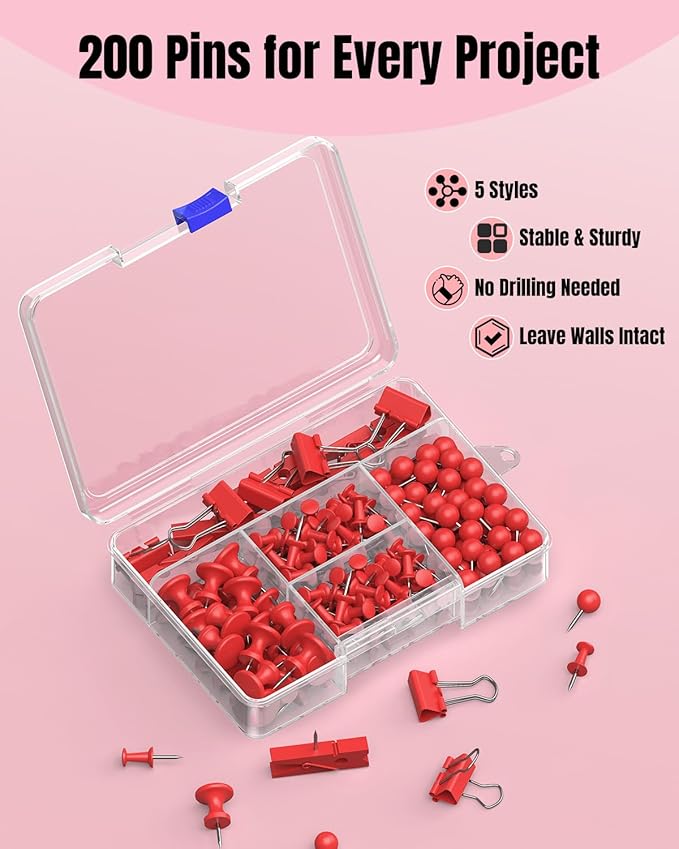 Uniclife 200 Pcs Thumb Tacks for Wall, Red Push Pins for Bulletin Board & Cork Board, Decorative Push Pins, Cute Thumbtacks Hooks Set for Pictures, Photos, Art & Decor, 5 Styles