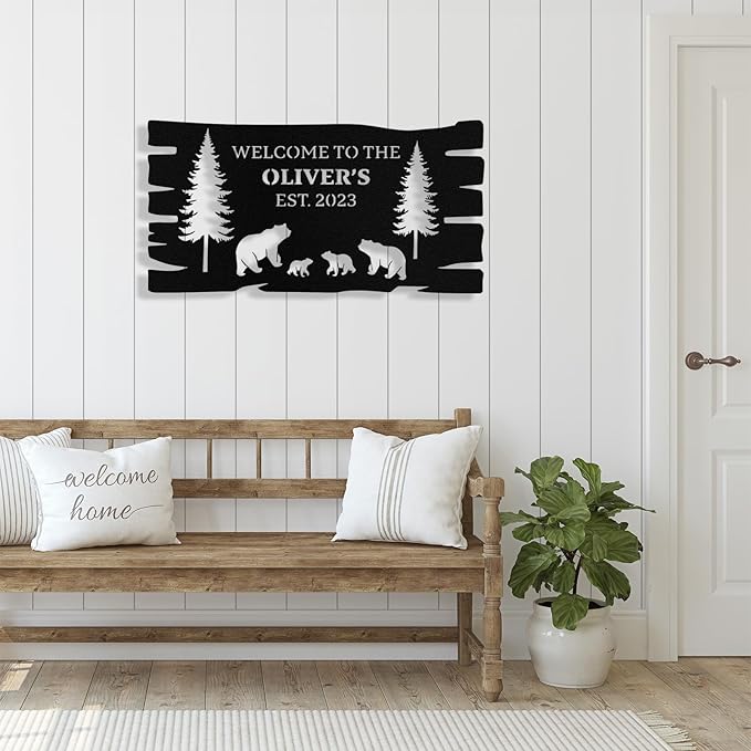 Custom Bear Metal Sign, Custom Bear Metal Wall Art Decor, Personalized Last Name Welcome Signs for Home, Rustic Farmhouse Black Wall Decor for Cabin, Porch, Living Room