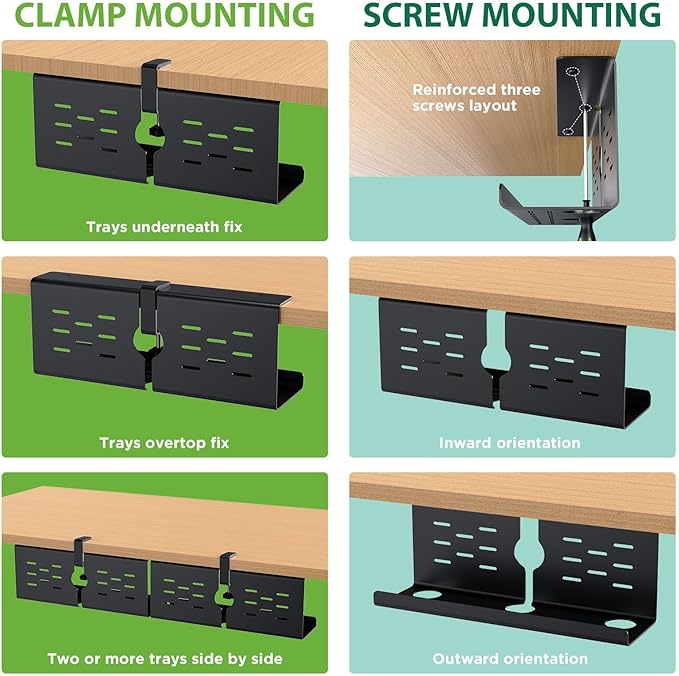 KEEGH 16" Under Desk Cable Management Tray, 2 Pack Desk Cord Organizer Upgrade Capacity, Drill Free Clamp/Screw Mount, Sturdy Metal Tray for Connect Cables, Home, Office, Black