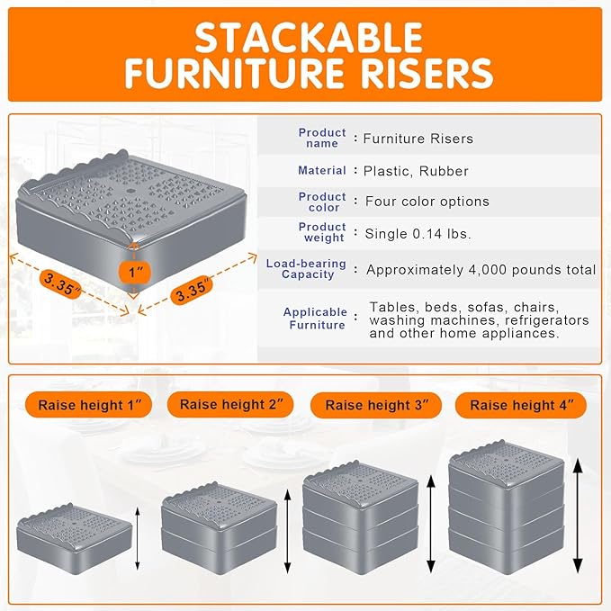 shouwuhho Furniture Risers, 8 Pack Bed Risers with Non-Slip Grip and Heavy Duty Support, 1 Inch 2 Inch 3 Inch 4 Inch Height Lift for Couch, Sofa, Table, Desk, Chair, Refrigerator - Gray, 1 Inch