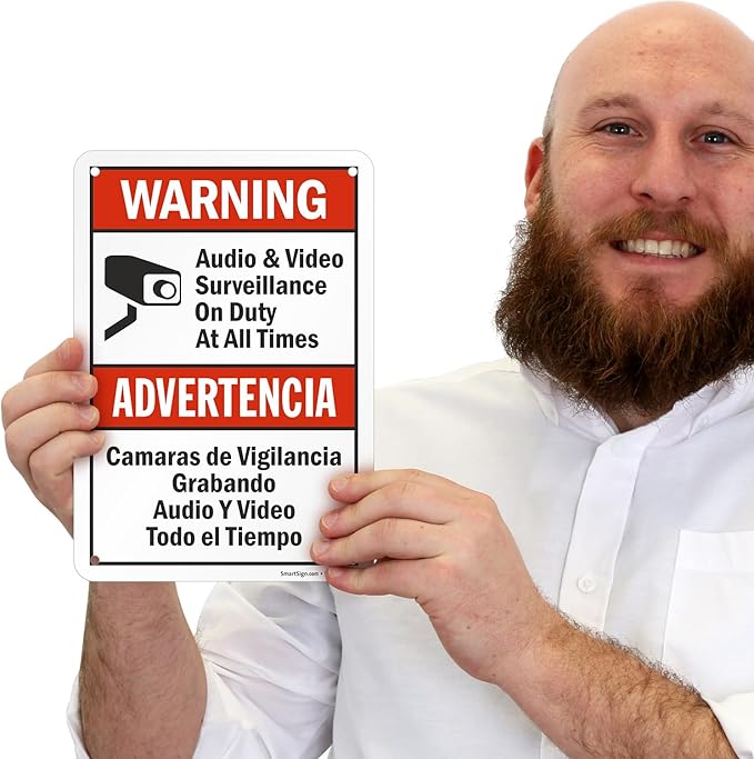SmartSign 2-Pack 'Warning Audio And Video Surveillance On Duty At All Times' Bilingual Sign - 7" x 10", 40 mil Laminated Rustproof Aluminum Metal, Red, Black and White, Fade-Resistant, Made in USA