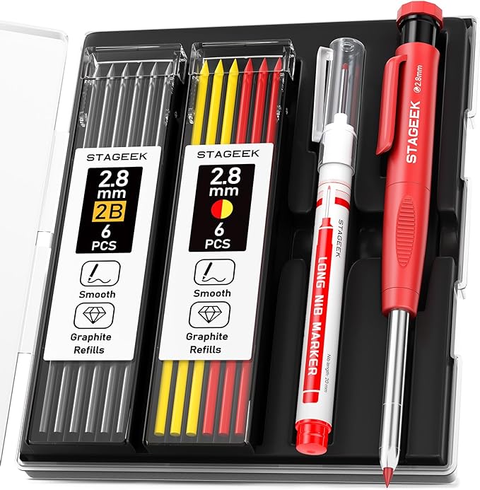 STAGEEK Carpenter Pencils Set with Sharpener, Heavy Duty Woodworking Tools with 13 Refills (Red, Black, Yellow), Construction Pencil and Deep Hole Long Nib Marker Pen for Architect Marking with Case