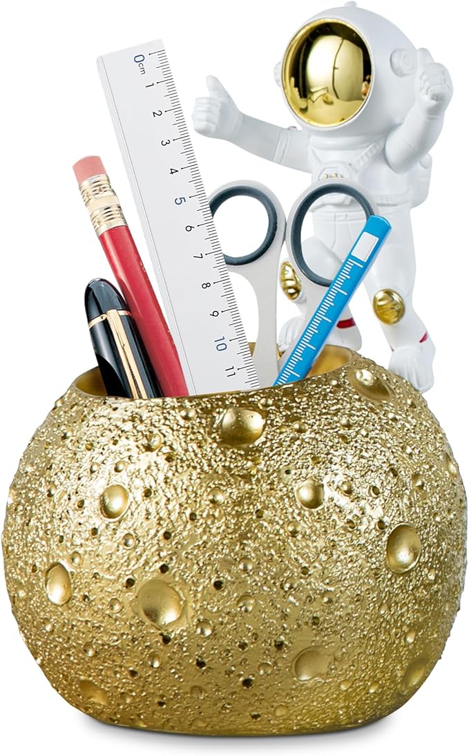 Kimdio Pen Holder, Astronaut Stand for Desk Pencil Holder, Resin Desk Moon Organizer Decorative Accessories Ideal Gift for Office, Classroom, Home - Gold