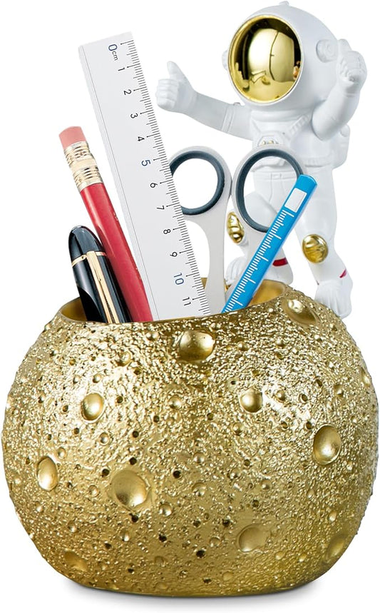 Kimdio Pen Holder, Astronaut Stand for Desk Pencil Holder, Resin Desk Moon Organizer Decorative Accessories Ideal Gift for Office, Classroom, Home - Gold