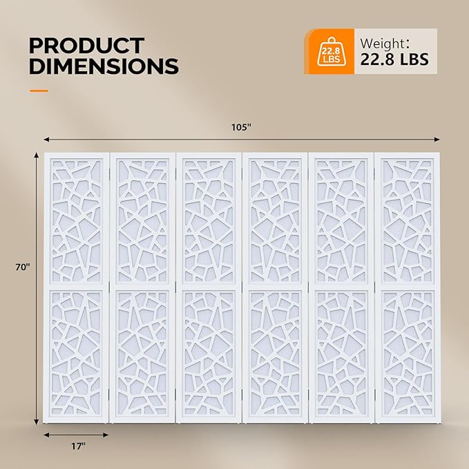 VINGLI 70'' H Room Divider, Non-Woven Fabric Privacy Screen, Indoor Partition Wall Dividers, Freestanding Hinged Space Separator with Modern Unique Pattern (White, 6 Panel)