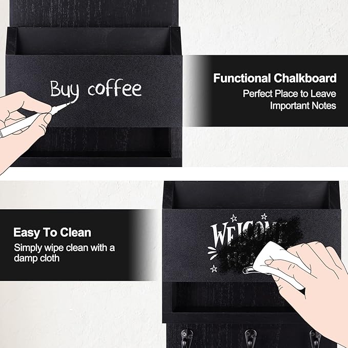 Lucundm Key and Mail Holder for Wall, Key Holder with Chalkboard and Long Storage Box, Key Hanger with 3 Sturdy Hooks for Coat, Dog Leash, Entryway Mail Organizer (Black)