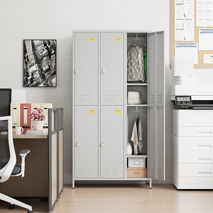 SUPEER 6 Doors Metal Locker Employee with Business Card Holder,Metal Locker for Employees with 18 Hooks for School Garage Office Gym Home,Assembly Required,Light Grey