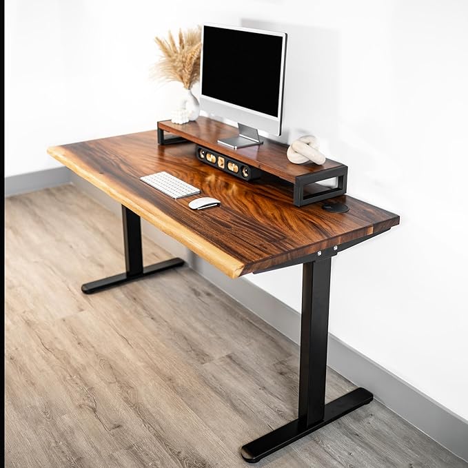 Standing Desk with Monitor Stand – Walnut Solid Wood Desk, Natural Live Edge, Adjustable Height Dual Motor, Sit Stand for Home Office (Black, W60 x D27)