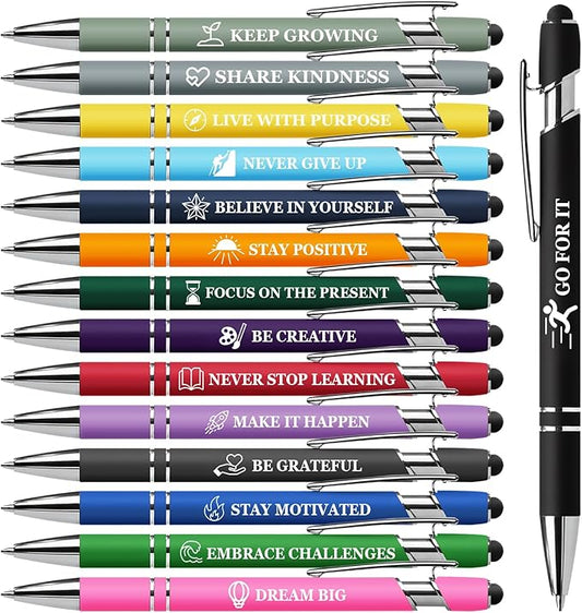 Vebermo 15 Pack Motivational Pen Set - Inspirational Quotes Retractable Ballpoint Pens for Office School Supplies, Encouragement Gifts for Women Men, Multicolor