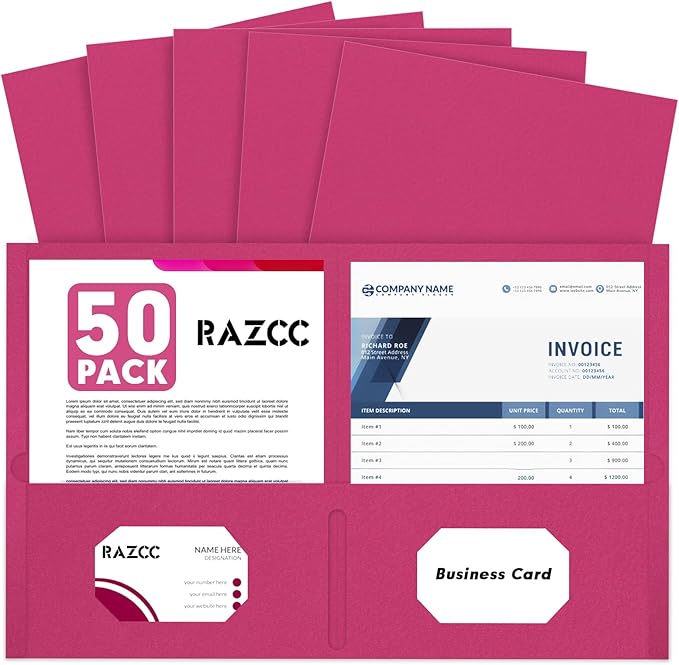Two Pocket Folders, RAZCC 50 Pack 2 Pocket Folders Fit Letter Size Paper, Paper Folders with Pockets for School Office Business Home (Magenta)