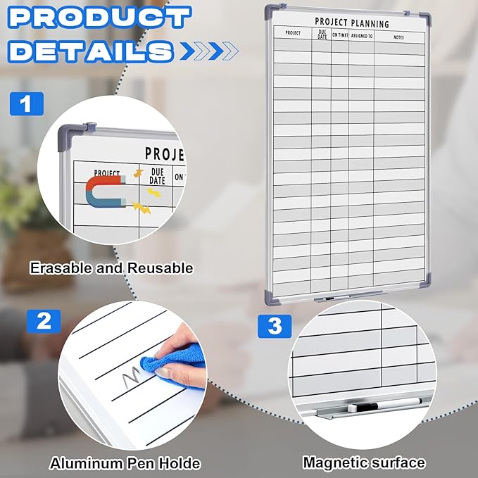 Lincia Project Planning Dry Erase Whiteboard Magnetic Dry Erase Board with Lines Sliding Marker Tray Aluminum Frame White Board Planner for Wall Scheduling(24"x 36",Project Planning Vertical)