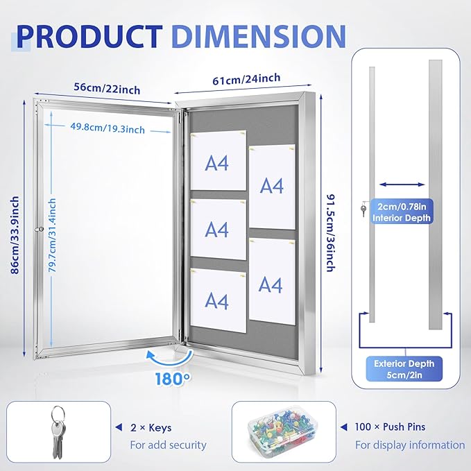 SWANCROWN Outdoor Lockable Gray Fabric Bulletin Board Shatter Resistant Display Cases Wall Mount Message Board with Swing Door,36x24 inches