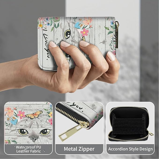 BWEGRHE Cute Credit Card Holder with Zipper, Cat Flowers RFID-Blocking Card Case Small Wallet for Women Men, Multi-slot Card Organizer Case Travel Accordion Wallet
