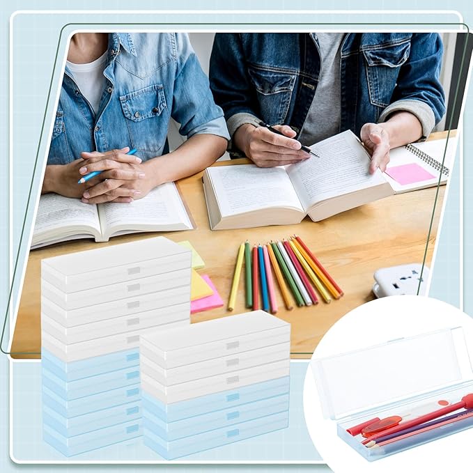 Fainne 24 Pcs Plastic Pencil Case Bulk Pencil Boxes Plastic Stationery Case Frosted Pen Box Pen Holder with Hinged Lid Snap Closure for Office(Single Layer,White, Blue,7.09 x 2.36 x 0.98 Inch)