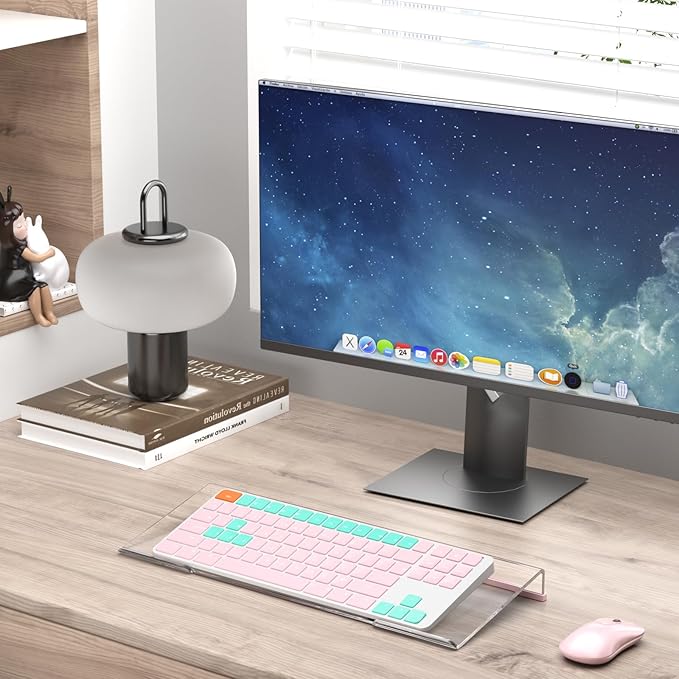 BEEGO Ergonomic Computer Keyboard Stand - Clear Acrylic Keyboard Riser Tilted Keyboard Holder Keyboard Tray with Lightpink Non-Slip Strip for Easy Typing at Home School Office Desk Accessories