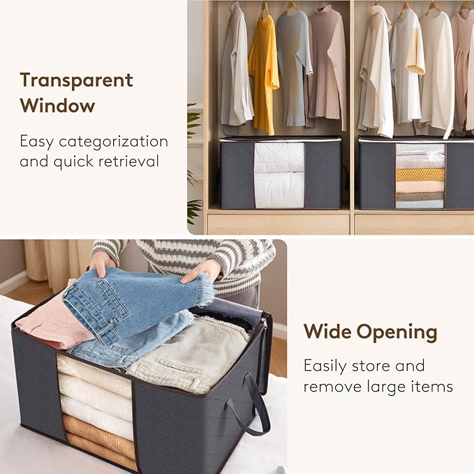 Lifewit Large Capacity Clothes Storage Bag Organizer with Reinforced Handle Thick Fabric for Comforters, Blankets, Bedding, Foldable with Sturdy Zipper, Clear Window, 9 Pack, 90L, Grey