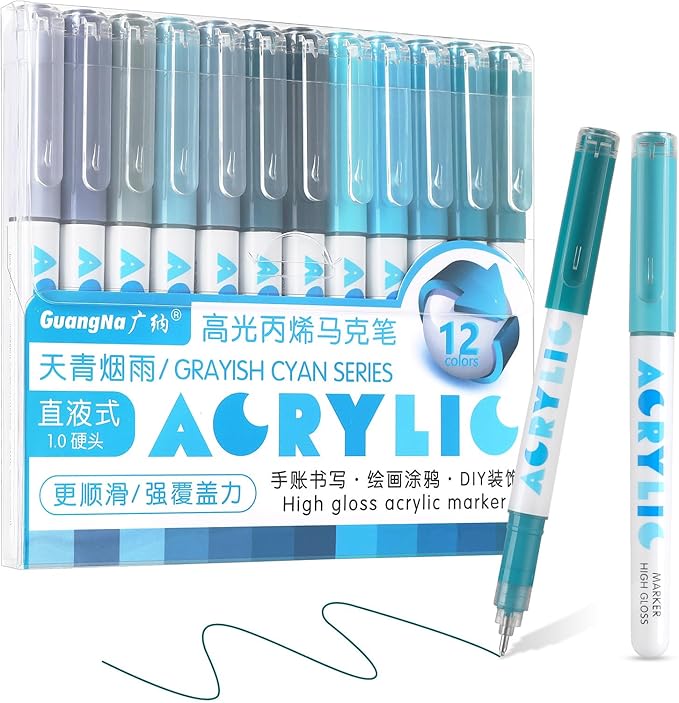kander Acrylic Gel Pens, 12 Colors Highlighter Acrylic Gel Ink Pens with Bullet Tip,Strong Coverage, Large Ink Capacity, Multi-Purpose Paint Pens for Rock Painting, Crafts, DIY, Art Supplies