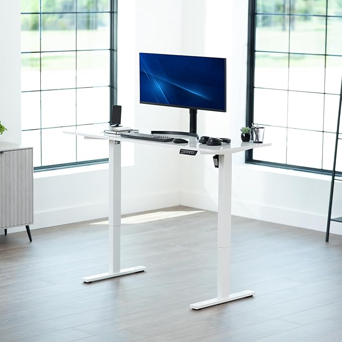 VIVO Electric Dry Erase 60 x 24 in Standing Desk, Memory Height Adjustment, 1B Series, Holds 220 lbs, White Marble Pattern Top, White Frame, DESK-KIT-1W6WM