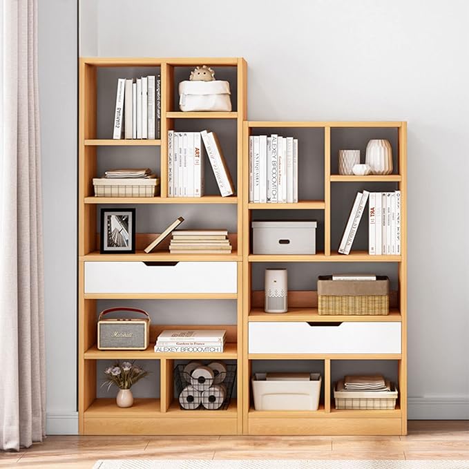 IOTXY Wooden Open Shelf Bookcase - 61 Inches Height Freestanding Display Storage Cabinet Organizer with 8 Cubes and a Drawer, Floor Standing Bookshelf in Maple Yellow