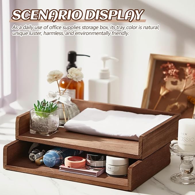 Yeaqee 4 Pcs Stackable Paper Organizer Tray Wood Desk Organizer Letter Tray Desktop Letter Size Office Wooden Desk Shelf Paper Holder Folder Organization Rack for Mail File Document(Dark Wood Color)