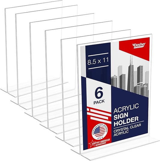 Acrylic Sign Holder 8.5 x 11, T-Shape Double-Sided Acrylic Table Stand with Wide Base, Plastic Tabletop Holder, Menu and Paper Display for Tables, Ideal for Offices, Restaurants, and Events (6 Pack)