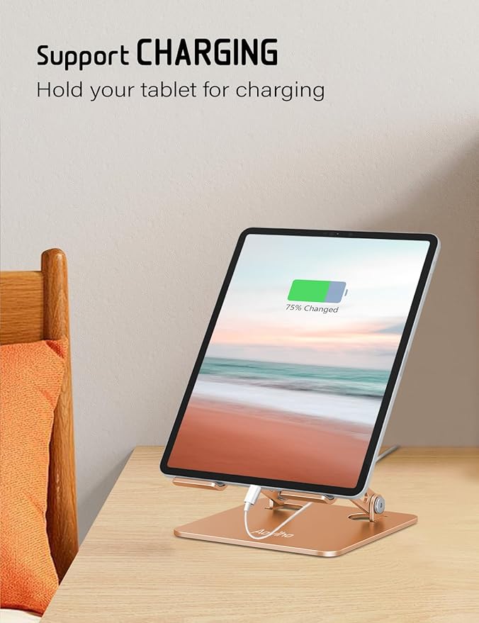 Aoviho Tablet Stand Holder for Desk Adjustable Tablet Holder, Foldable Aluminum Desktop Tablet Holder for iPad Samsung Galaxy Tabs Amazon Kindle Fire,All Tablets 4-12 inch, Gold