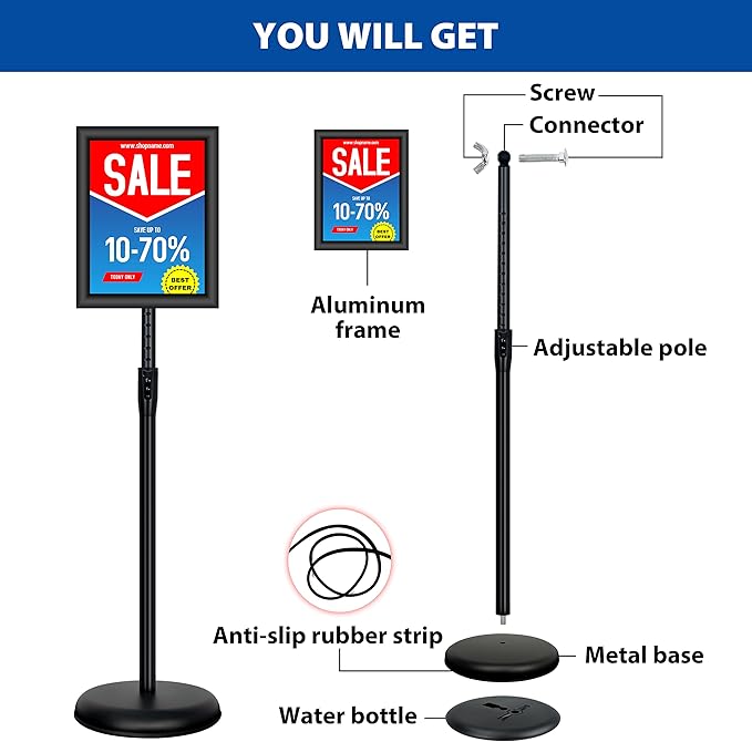 VAIIGO 2Pack 8.5x11 Inch Adjustable Pedestal Poster Sign Stand, Heavy Duty Floor Standing Sign Holder Stand Aluminum Snap Open Frame for Vertical and Horizontal View Sign Displayed(Black)