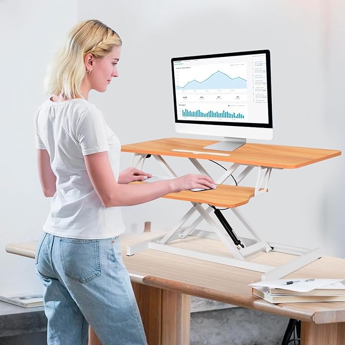 37 Inch Standing Desk Converter - Manual Pneumatic Spring, Two Monitor Stable Standing Desk Converter,5.9"To 18.8" Height Adjustable Laptop Workstation With Keyboard Tray For Home, Company(Log Color)