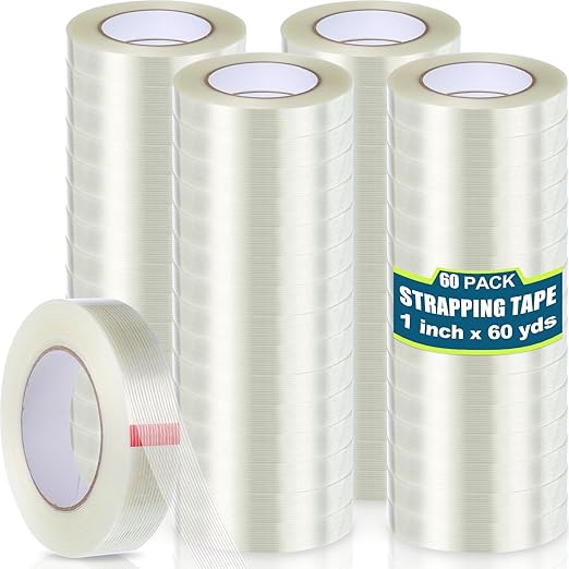 Treela 60 Rolls 1 Inch x 60 Yards Filament Strapping Tape 5.5 Mil Transparent Reinforced Fiberglass Heavy Duty Packing Shipping Tape for Sealing Binding Fixing