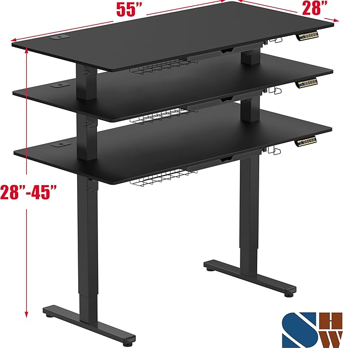 SHW 55 x 28 Inches Electric Height Adjustable Standing Desk with Drawer and Memory Preset, Black