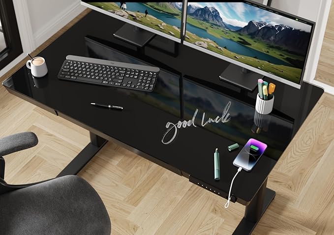 Claiks Glass Standing Desk with Drawers, 48×24 Inch Adjustable Stand Up Desk, Quick Install Home Office Computer with USB Ports, Black