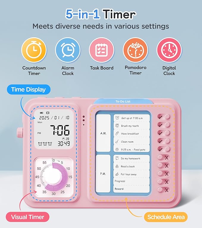 3-in-1 Visual Timer & ADHD Tool for Kids|Adults, Task Timer with Chore Chart Board, Visual Schedule for Kids with Autism, Daily Checklist for Home, School, Classroom, Desk (Pink)