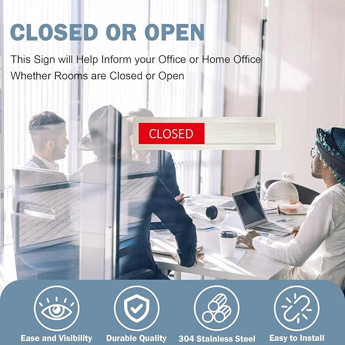 Open Closed Sign, Open Signs Privacy Slide Door Sign Indicator for Business Storefront, Restroom, Office Door, Wall, Window, Restaurants, Retail Salon Shops,7'' x 1.5'' - Stainless Steel,Silver