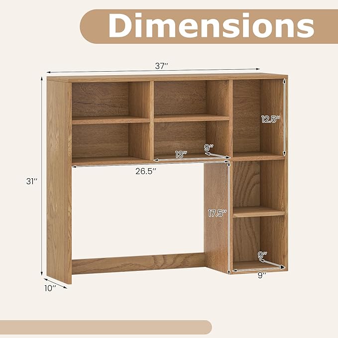Tangkula Desktop Bookshelf, 37" Countertop Storage Hutch with 7 Cubes & 3 Adjustable Shelves, 3-Tier Desk Display Rack Organizer, Multipurpose Wood Desktop Hutch for Dorm Home Office (Natural)