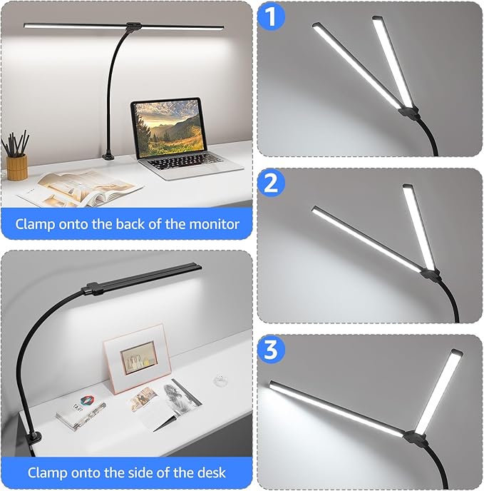 ShineTech LED Desk Lamp for Home Office, 5000K Bright Double Head Architect Task Lamps with Clamp, Dimmable Adjustable Flexible, Black