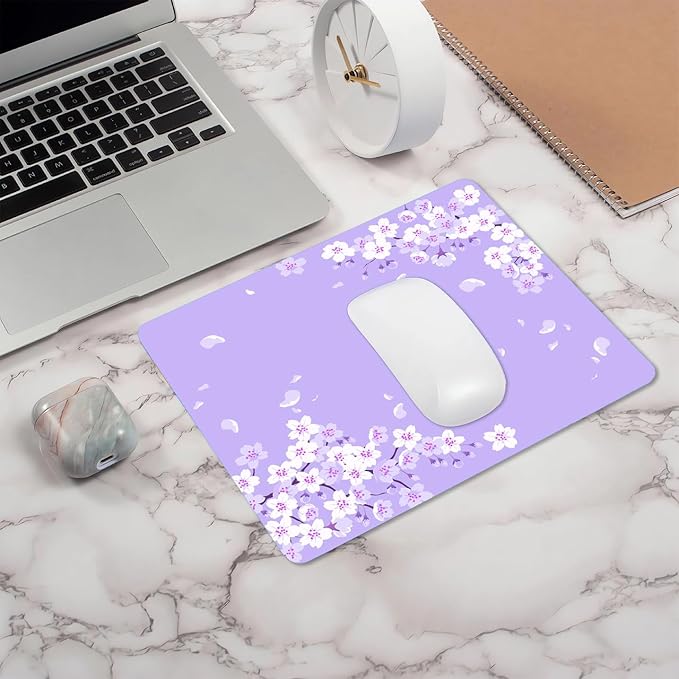 IMAYONDIA Cute Purple Mouse Pad, Floral Flowers Mouse Pad, Sakura Cherry Blossom Mousepad, Japanese Aesthetic Desk Decor, Anti Slip Rubber Base Mice pad for Computer Office Girl, 9.5 x 7.9 Inch