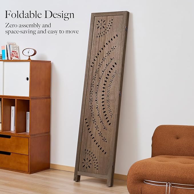 66.9Inch Folding Room Divider, 3 Panels Wood Carved Privacy Screens, Free Assembled Freestanding Partition for Home Office Restaurant Bedroom (Brown)