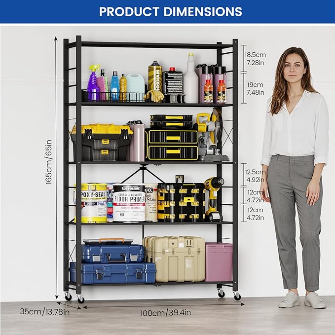 ALANNG 40" W Foldable 5-Tier Storage Shelves with Wheels, Adjustable & Removable Metal Rack, Heavy Duty Rolling Organizer for Kitchen, Garage, Closet, Pantry, and Office (Black,1 Pack)
