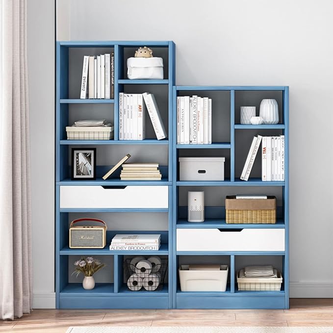IOTXY Wooden Open Shelf Bookcase - 51" Height Freestanding Display Storage Cabinet Organizer with 7 Cubes and a Drawer, Floor Standing Bookshelf, Blue