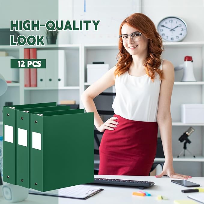Henoyso 12 Pcs 3 Ring Binder 2 Inch Round Fits Letter Size 8.5'' x 11'' Paper Plastic Flexible Binder Bulk Holds 490 Sheets with 1 Pockets Versatile Organizer for Home Office School (Dark Green)