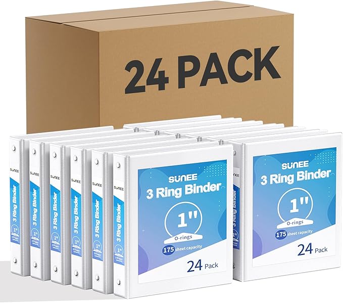 SUNEE White Binders 1 Inch 24 Pack Bulk, Clear View 3 Ring Binders PVC-Free (Fit 8.5x11 Inches) for School or Office Supplies